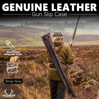 leather shotgun slip case with flap closure and buckle fastening, leather shotgun case