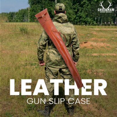 Tan leather gun slip case with leather flap closure and adjustable carrying strap, leather shotgun case