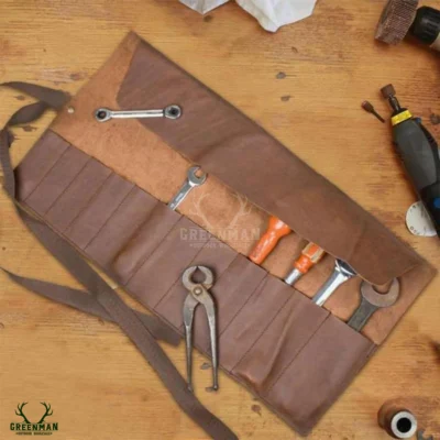 brown leather tool wrap, leather tool belt