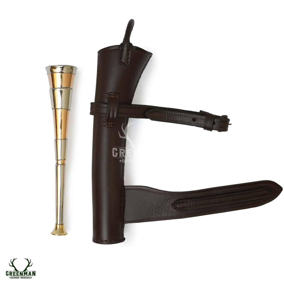 3 band hunting horn, hunting horn with leather case