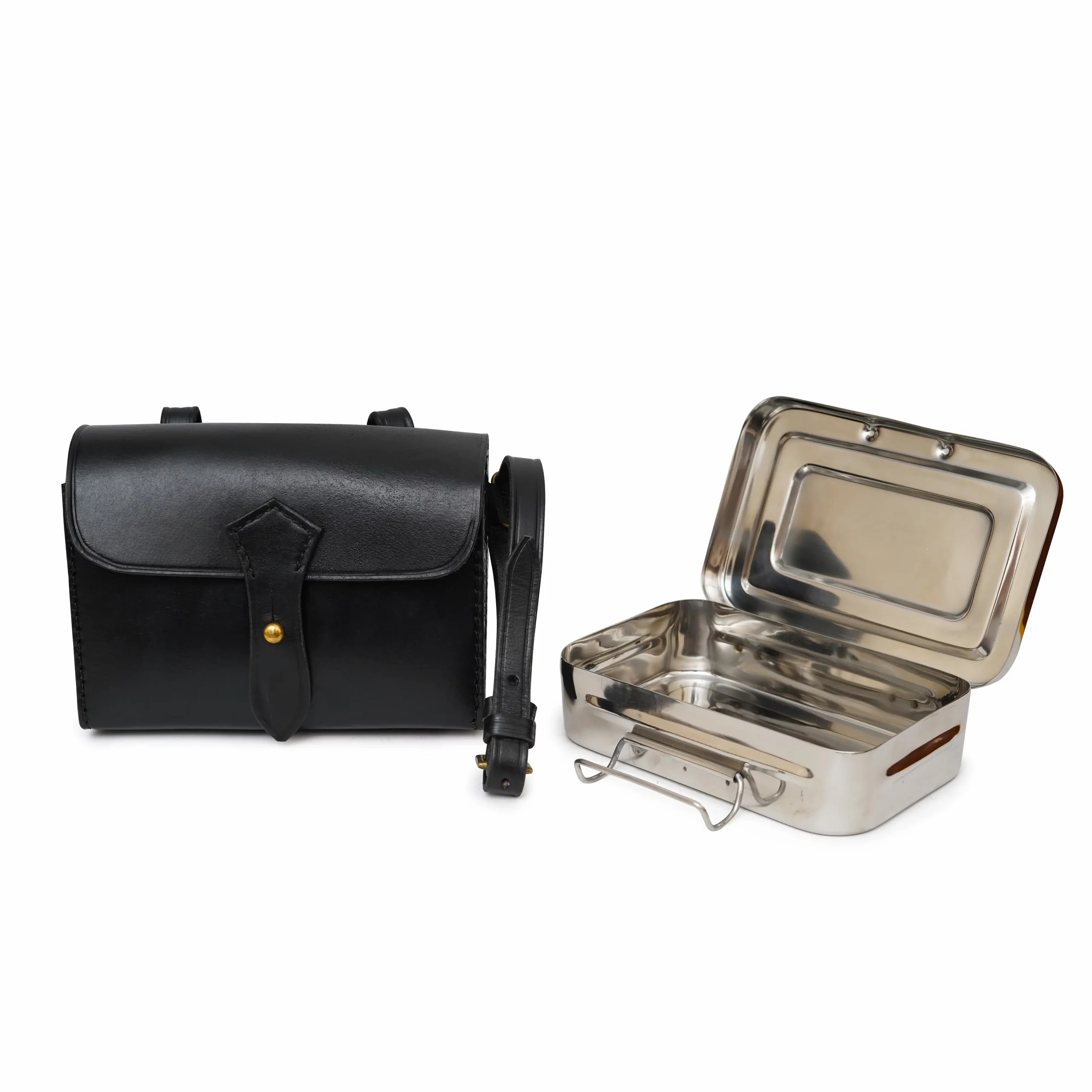Stainless Steel Fox Hunting Sandwich Tin with Leather Case - Black