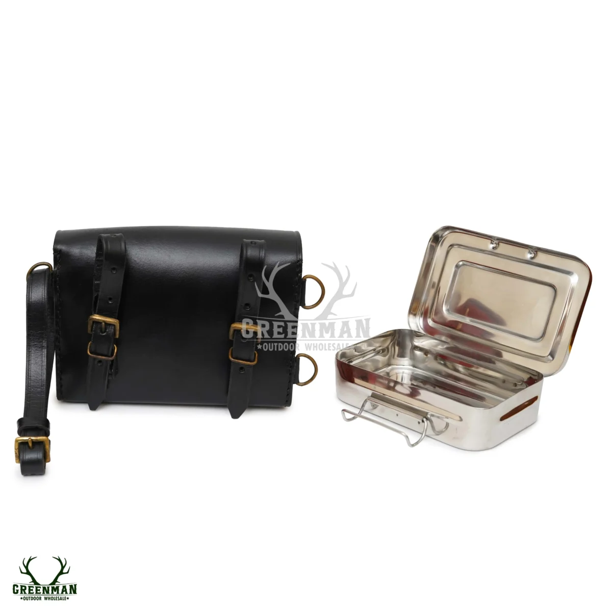 sandwich tin with leather case, hunting sandwich tin