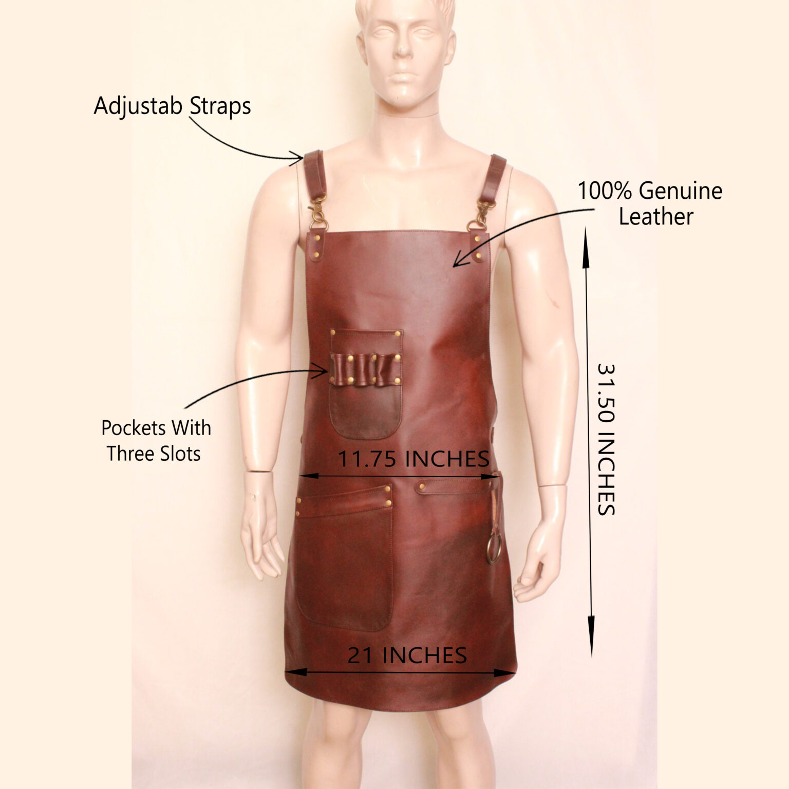 Brown leather apron with tool holders and towel strap