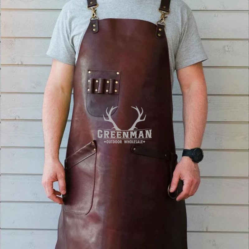 Burgundy leather apron with tool holders, towel strap and pockets