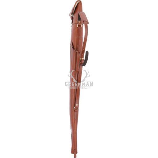 Tan leather gun slip case with leather flap closure and adjustable carrying strap, leather shotgun case