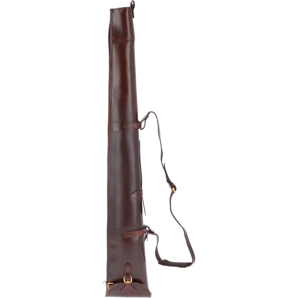 leather shotgun slip case with flap closure and buckle fastening, leather shotgun case