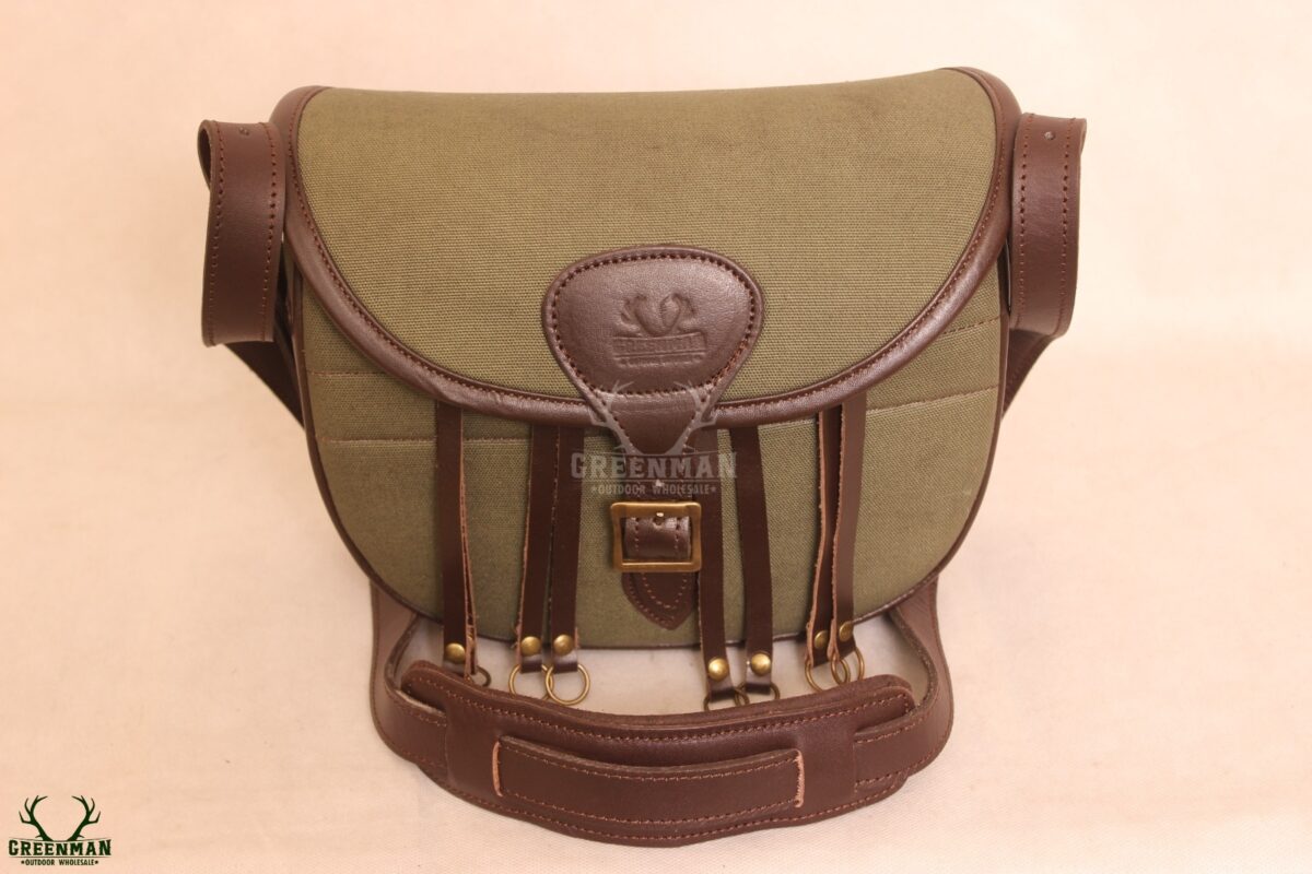 canvas cartridge bag with leather piping, shotgun shell holder, canvas ammo bag