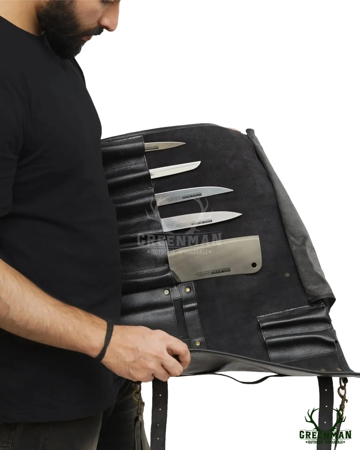 leather knife roll, chef knife roll, black chef knife roll