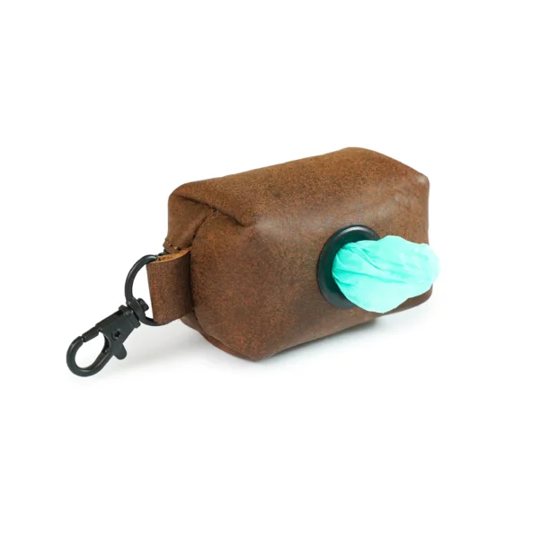 leather dog poop bag, brown dog poop bag, leather pet waste bag