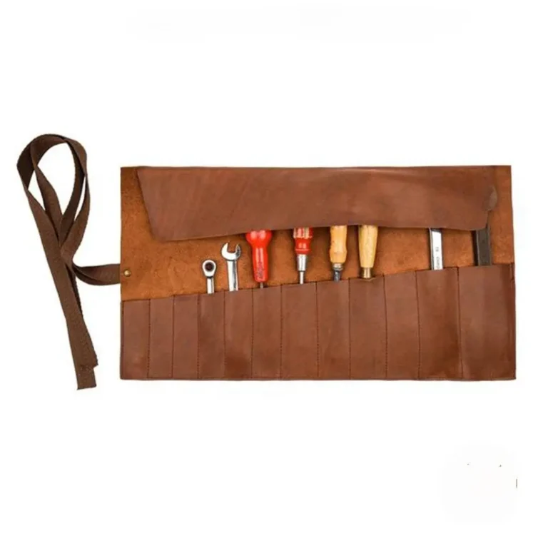 brown leather tool wrap, leather tool belt
