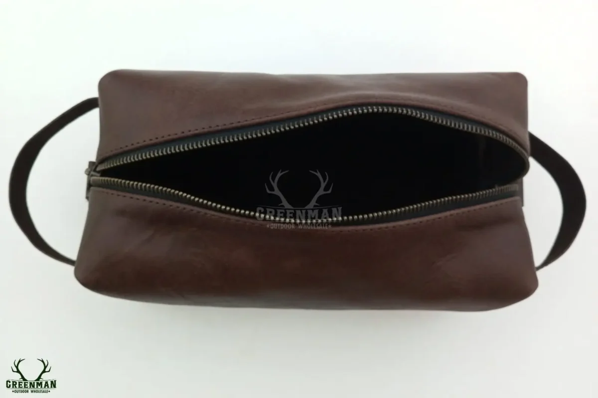 brown leather toiletry bag, toiletry bag