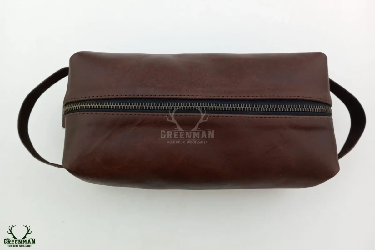 brown leather toiletry bag, toiletry bag