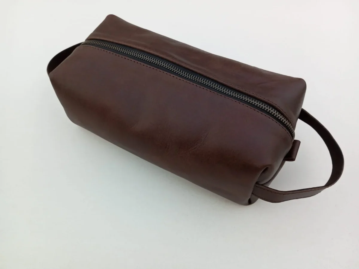 brown leather toiletry bag, toiletry bag