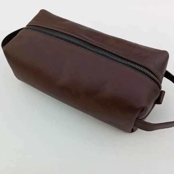 brown leather toiletry bag, toiletry bag