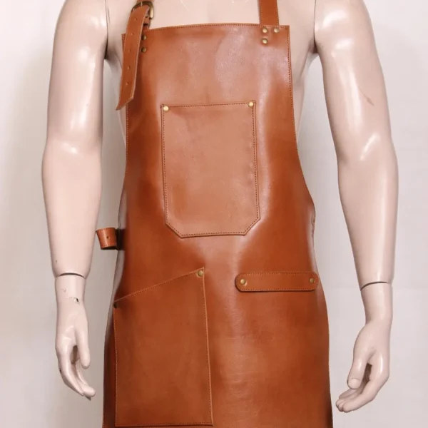 tan leather apron, leather woodworking apron