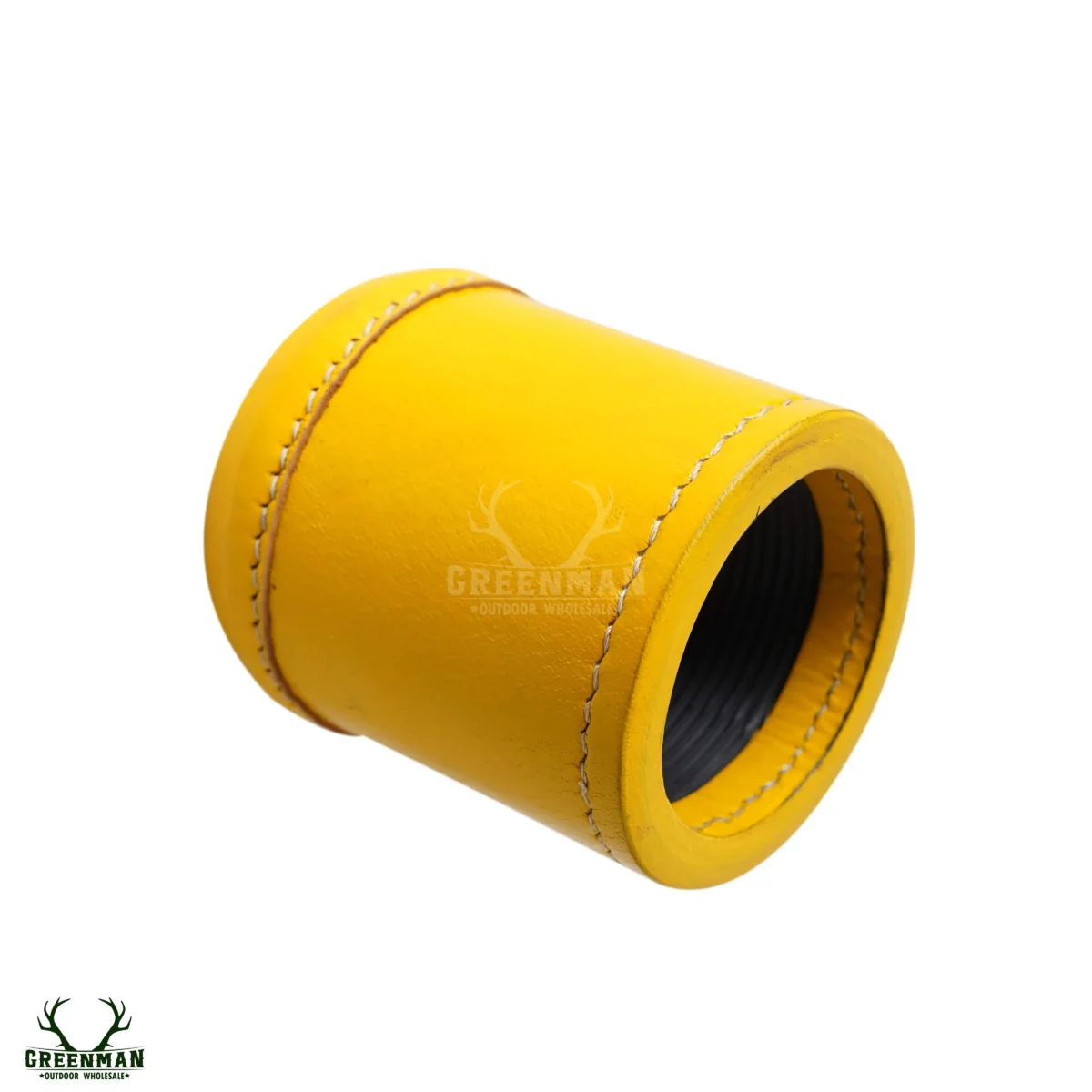 yellow leather dice cup, leather dice shaker. ribbed interior leather dice cup